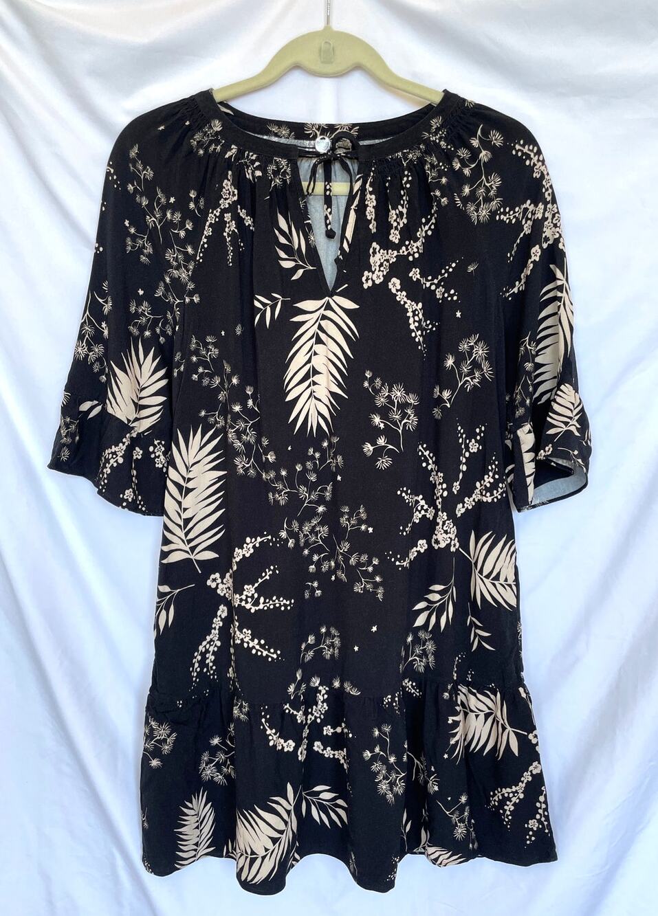 Margaret O'Leary Shift Dress, Black Cream Floral Palm Fern, XS